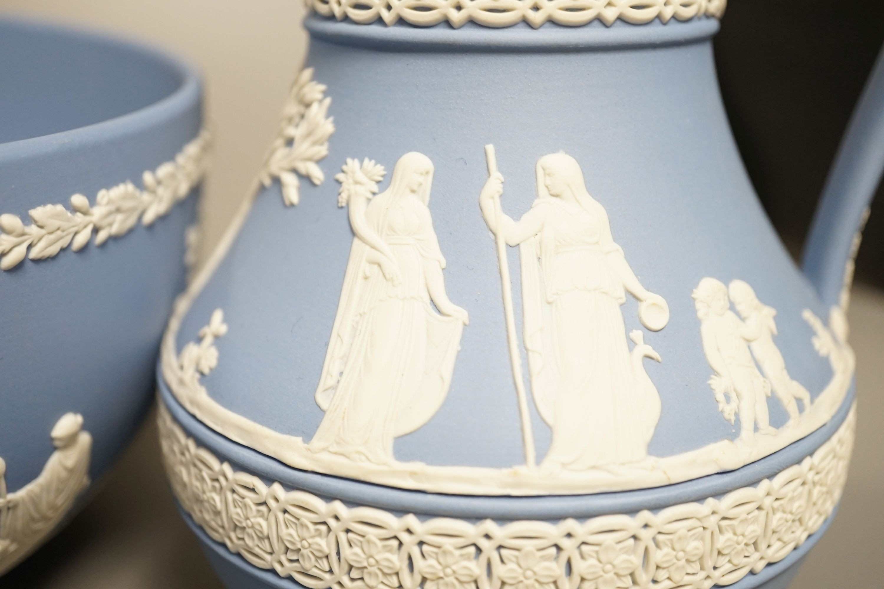 Eight items of Wedgwood Blue Jasperware, tallest 20cm.